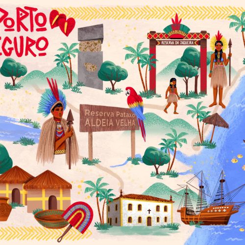 Colorful illustrated map of Porto Seguro with indigenous figures and landmarks