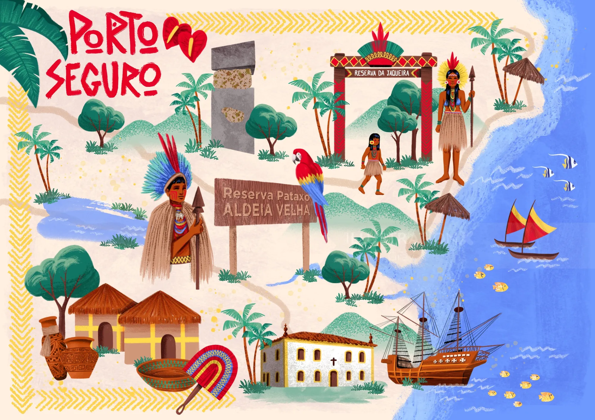 Colorful illustrated map of Porto Seguro with indigenous figures and landmarks
