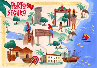 Colorful illustrated map of Porto Seguro with indigenous figures and landmarks
