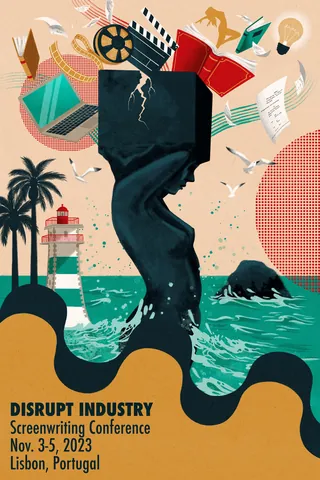 Poster of Disrupt Industry Screenwriting Conference with ocean and film motifs