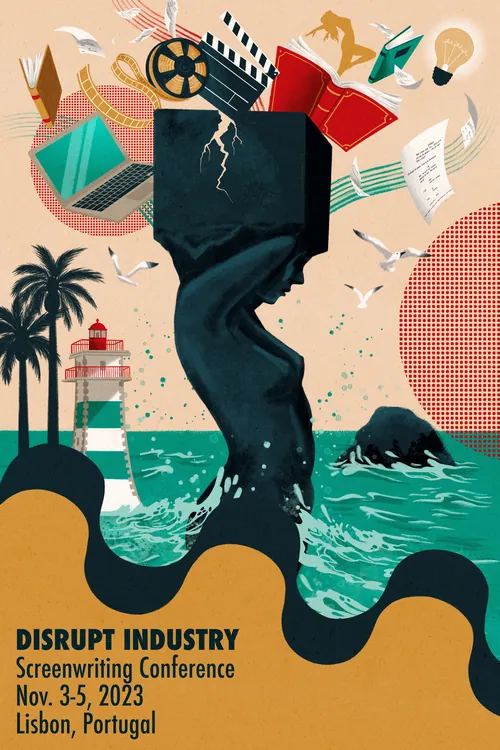 Poster of Disrupt Industry Screenwriting Conference with ocean and film motifs