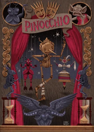 Wooden Pinocchio puppet on stage with marionette characters and red curtains