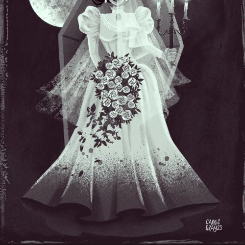 Undead bride in white dress holding bouquet and candles by a coffin and full moon by Camila Gray