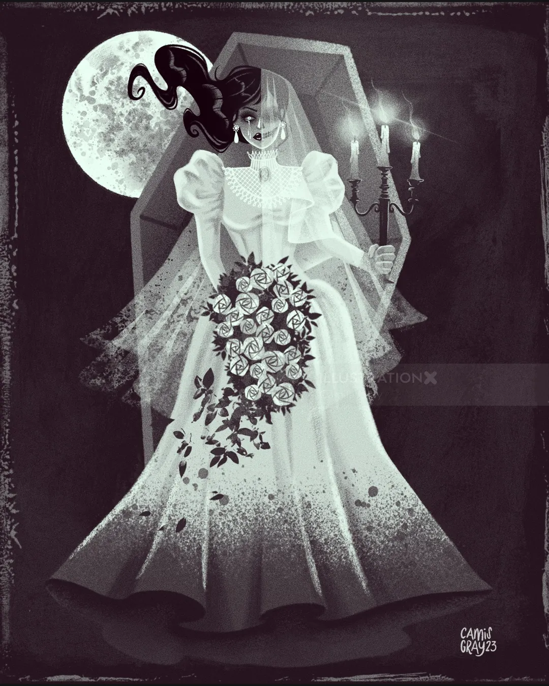 Undead bride in white dress holding bouquet and candles by a coffin and full moon by Camila Gray
