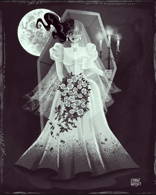 Undead bride in white dress holding bouquet and candles by a coffin and full moon by Camila Gray