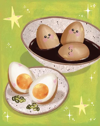 Illustration of soy sauce marinated eggs with smiling faces on plates
