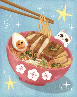 Bowl of ramen with egg and cat peeking over the edge