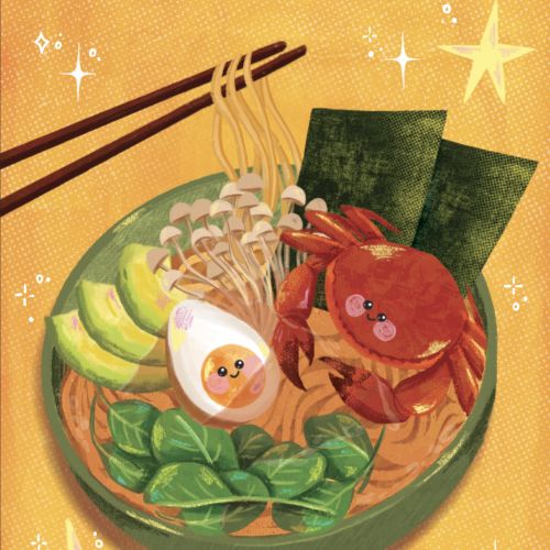Illustration of ramen with crab, egg, avocado, and vegetables