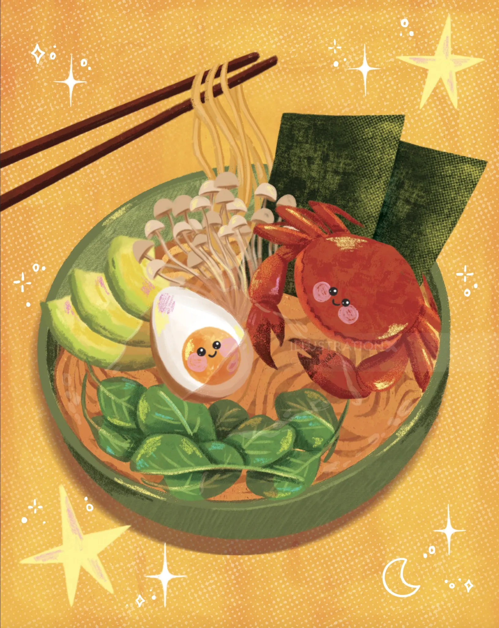 Illustration of ramen with crab, egg, avocado, and vegetables