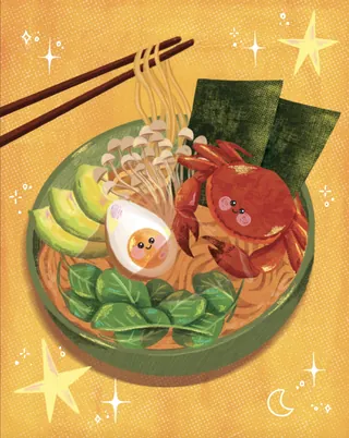 Illustration of ramen with crab, egg, avocado, and vegetables