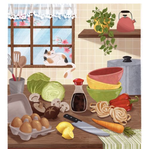 Kitchen counter with vegetables, utensils, bowls, and a cat on windowsill