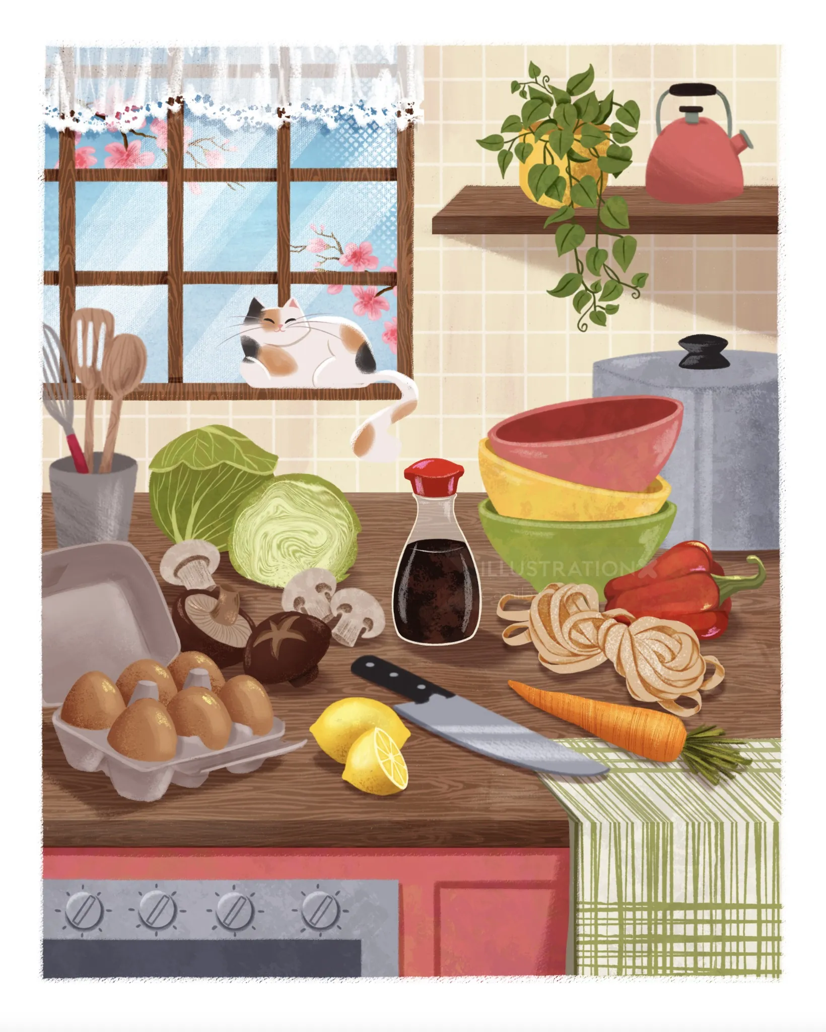 Kitchen counter with vegetables, utensils, bowls, and a cat on windowsill