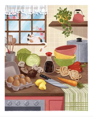 Kitchen counter with vegetables, utensils, bowls, and a cat on windowsill