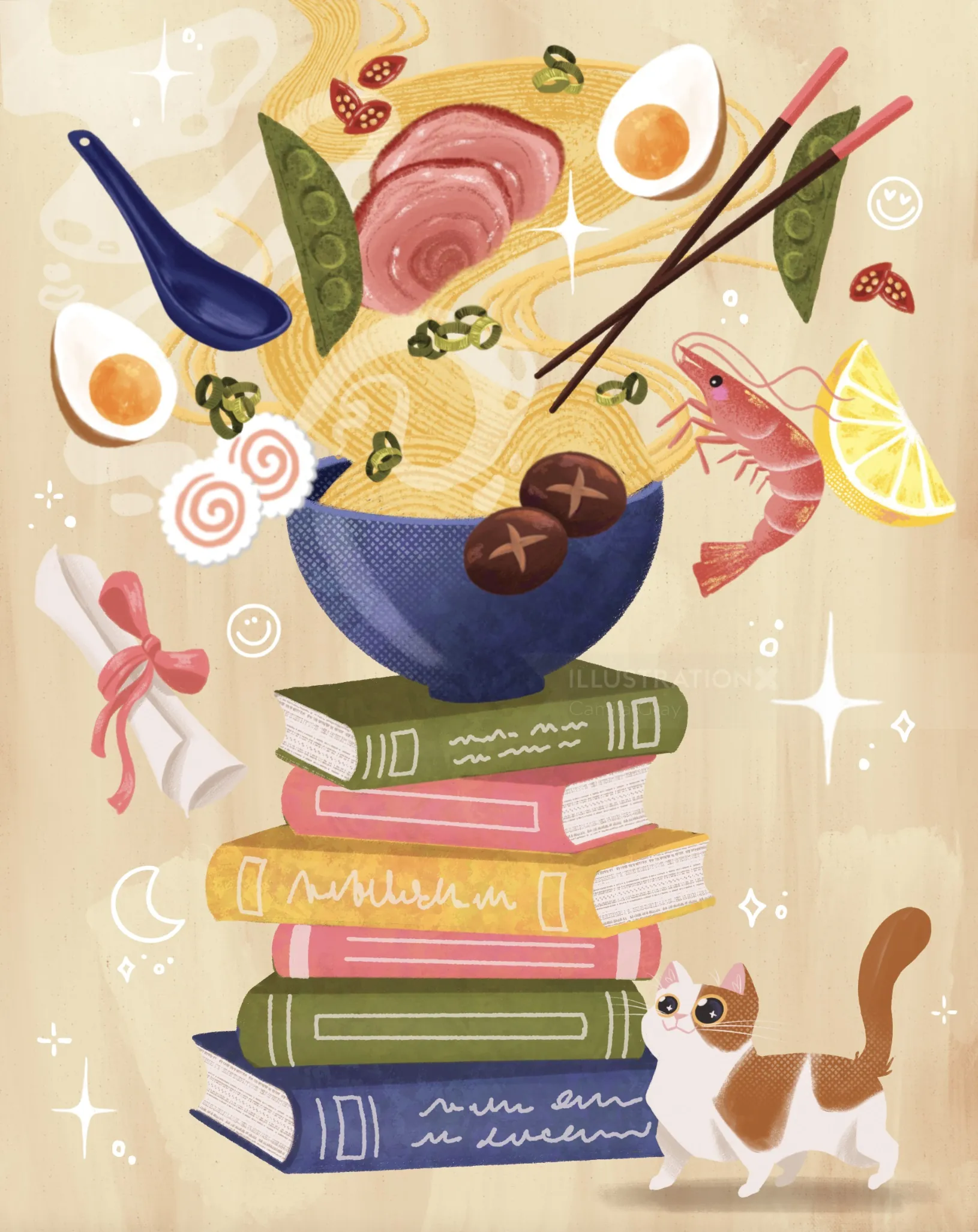 Ramen bowl with floating ingredients above books and a cat looking up