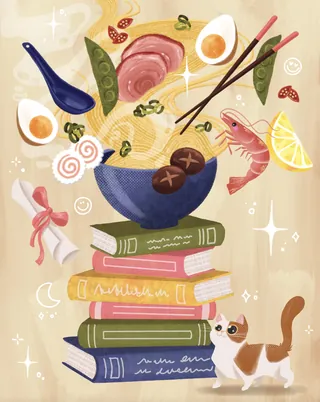 Ramen bowl with floating ingredients above books and a cat looking up