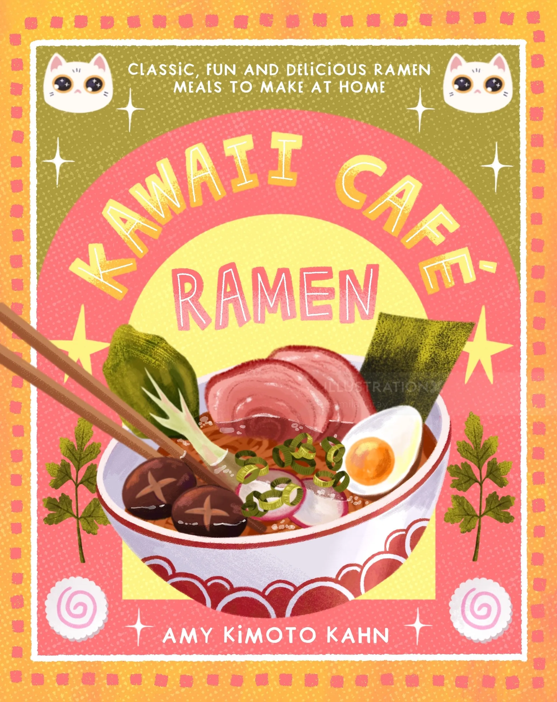 Kawaii ramen bowl with noodles, egg, meat, and green vegetables