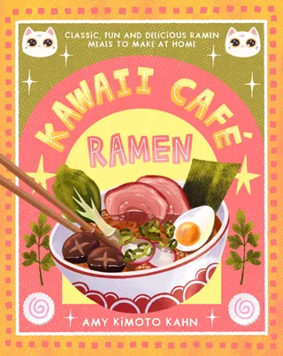 Kawaii ramen bowl with noodles, egg, meat, and green vegetables