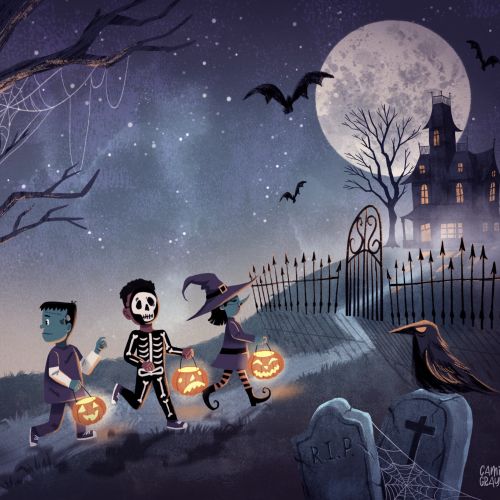 Children in Halloween costumes trick or treating near spooky haunted house