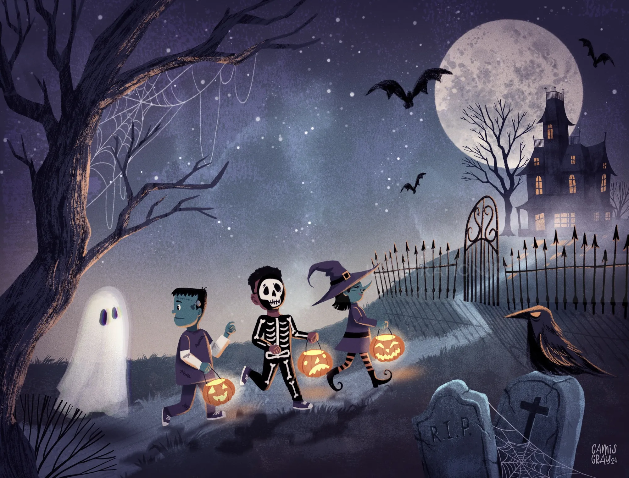 Children in Halloween costumes trick or treating near spooky haunted house