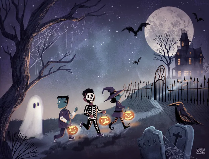 Children in Halloween costumes trick or treating near spooky haunted house