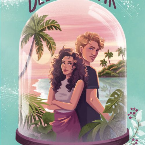 Illustration of a couple embracing inside a glass dome with palm trees