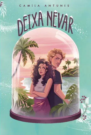 Illustration of a couple embracing inside a glass dome with palm trees