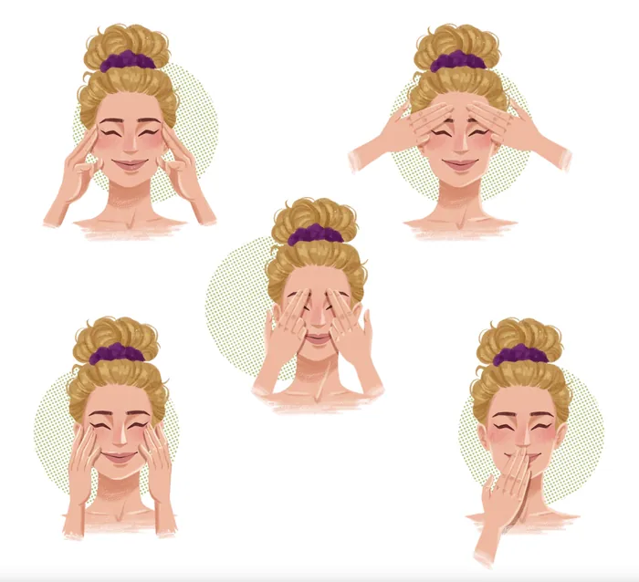 Woman demonstrating facial meditation exercises with hands on face