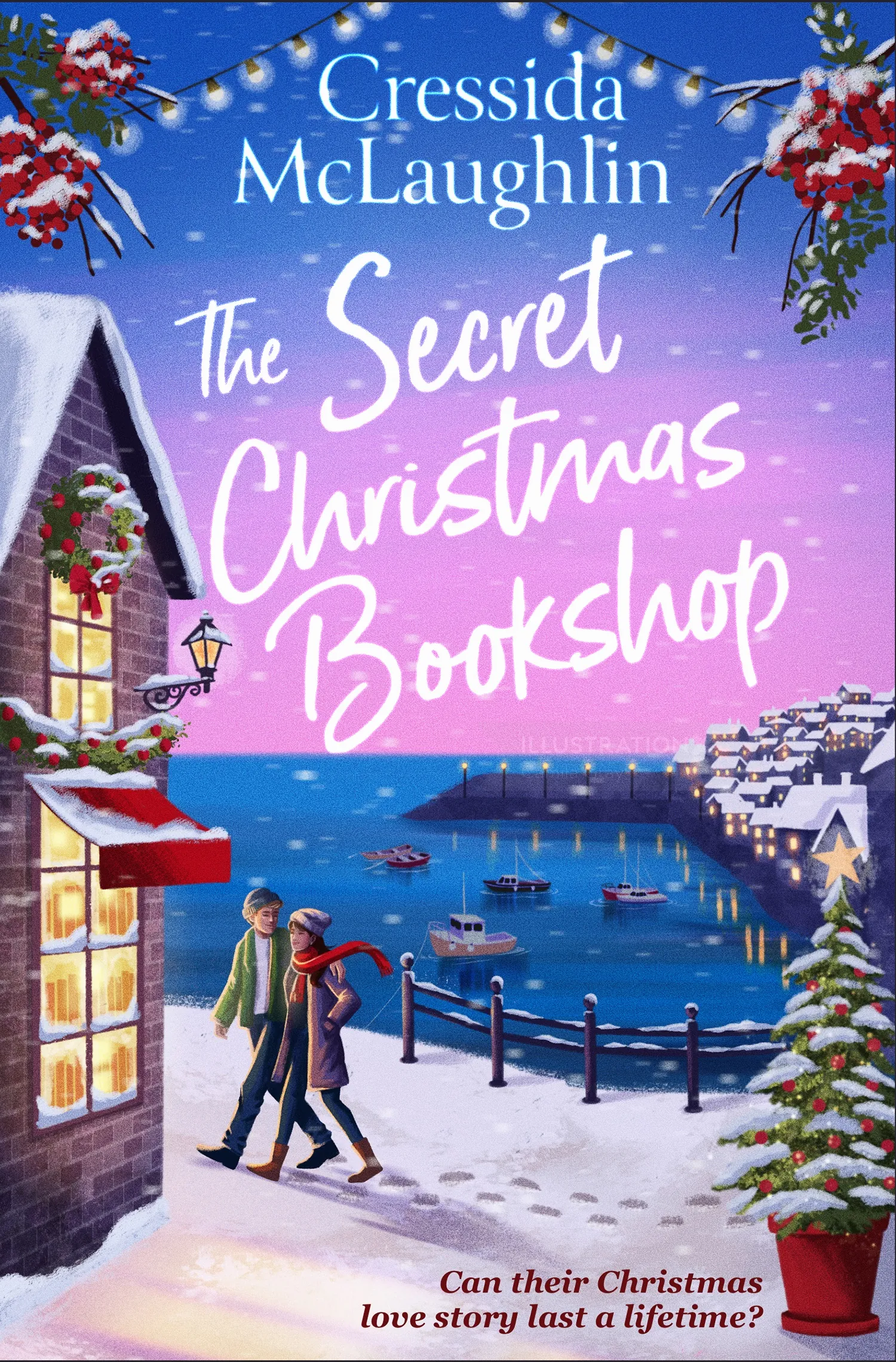 Couple walking in snow near decorated Christmas bookshop by waterfront