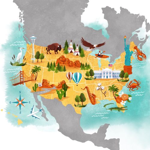 Colorful illustrated USA map with landmarks and wildlife