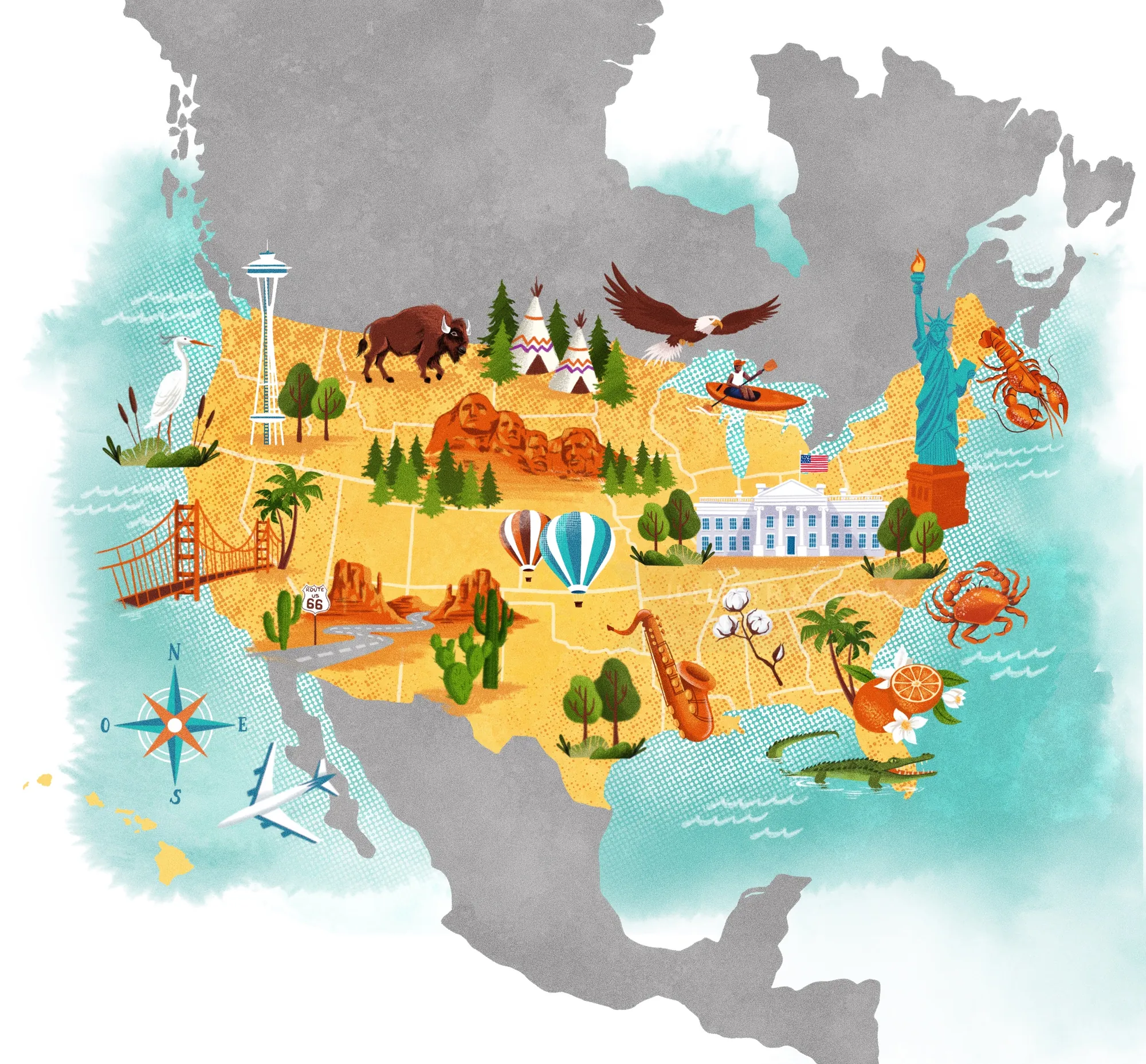 Colorful illustrated USA map with landmarks and wildlife