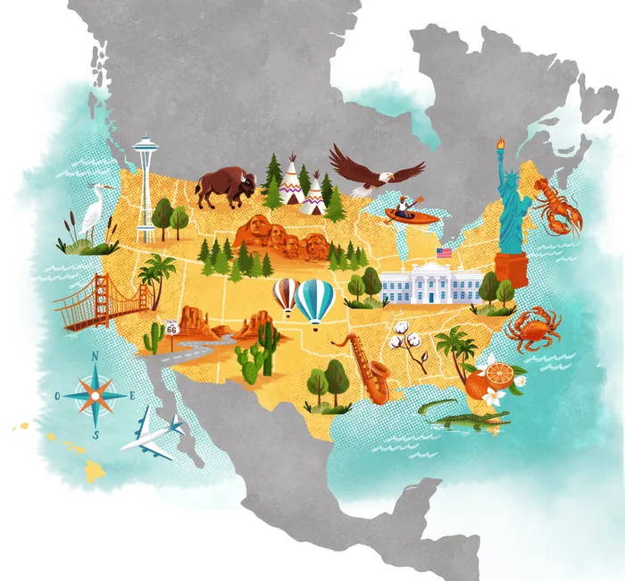 Colorful illustrated USA map with landmarks and wildlife