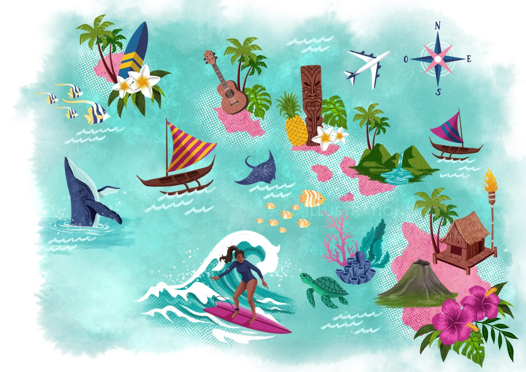 Illustrated Hawaii map with ocean animals, surfer, and tropical icons