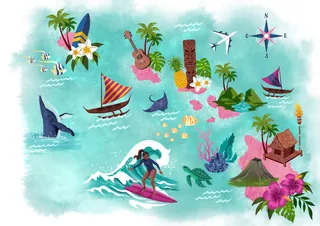 Illustrated Hawaii map with ocean animals, surfer, and tropical icons