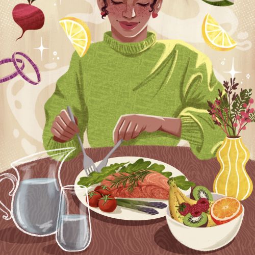 Woman meditating with healthy food and fruits around her