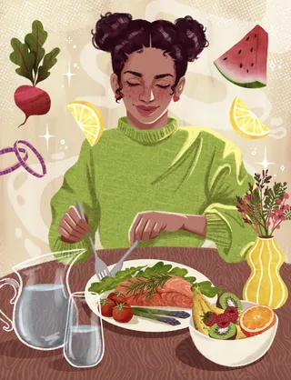 Woman meditating with healthy food and fruits around her