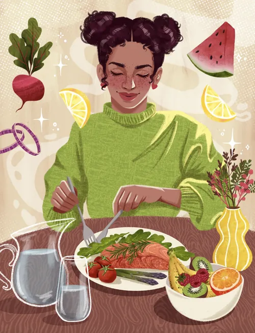 Woman meditating with healthy food and fruits around her