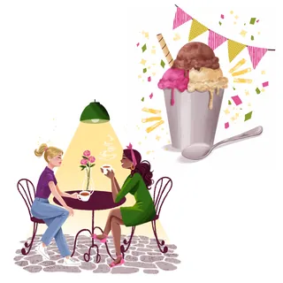 Two women sitting at a cafe table with ice cream and decorations