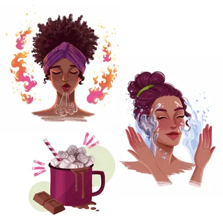 Woman meditating and woman washing face with water splashes