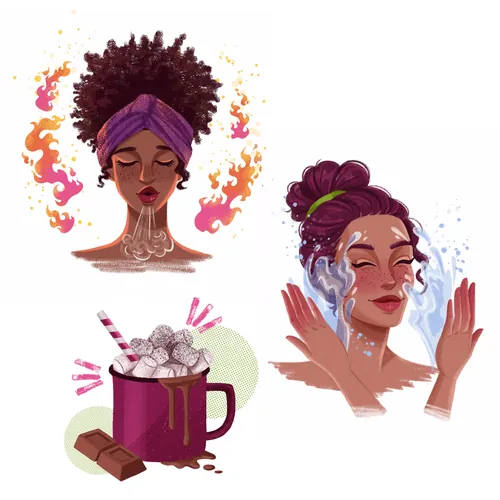Woman meditating and woman washing face with water splashes