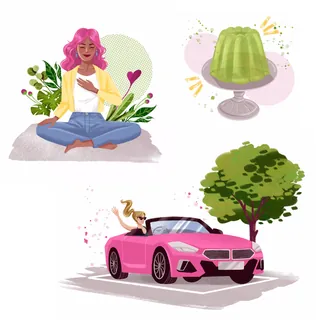 Woman meditating, green jelly dessert, and pink convertible car illustration