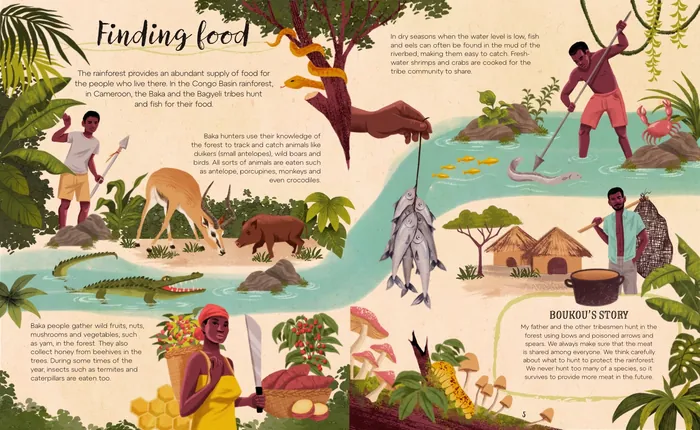 Illustration of people gathering food in a vibrant rainforest scene