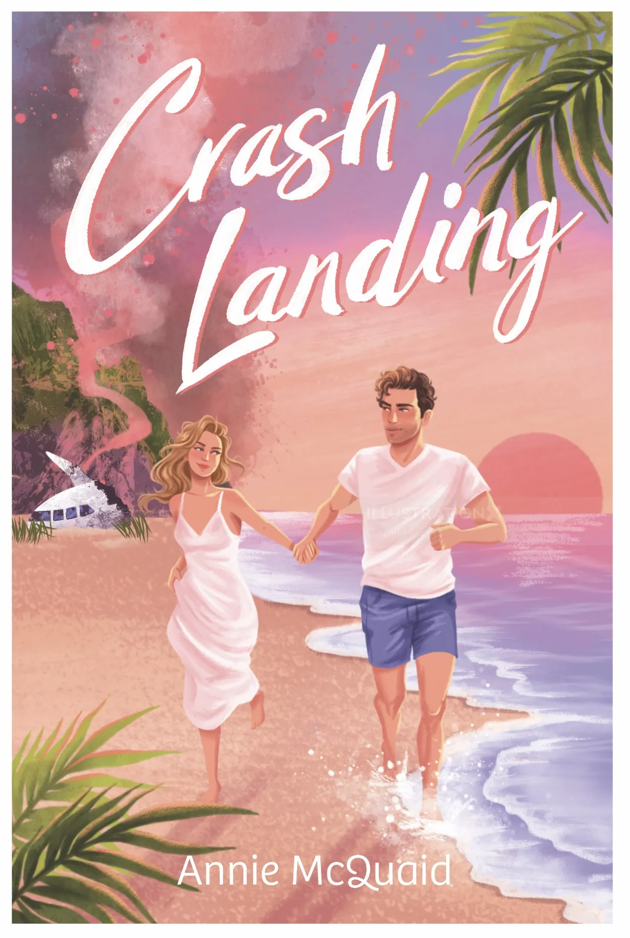 Couple running hand in hand on beach at sunset with palm trees