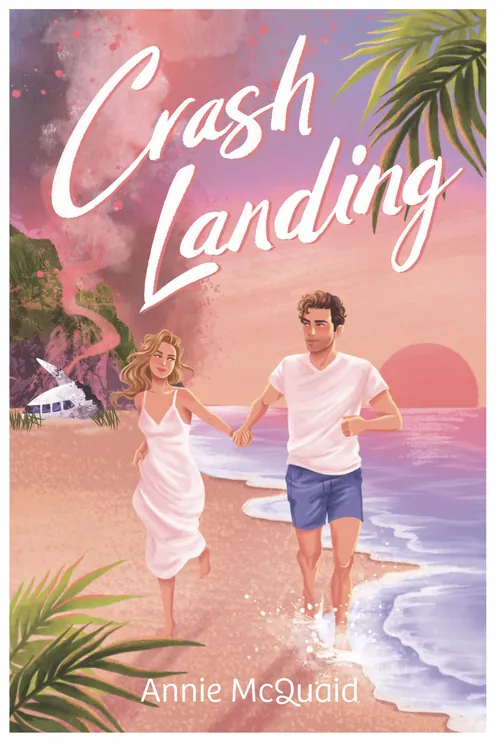Couple running hand in hand on beach at sunset with palm trees
