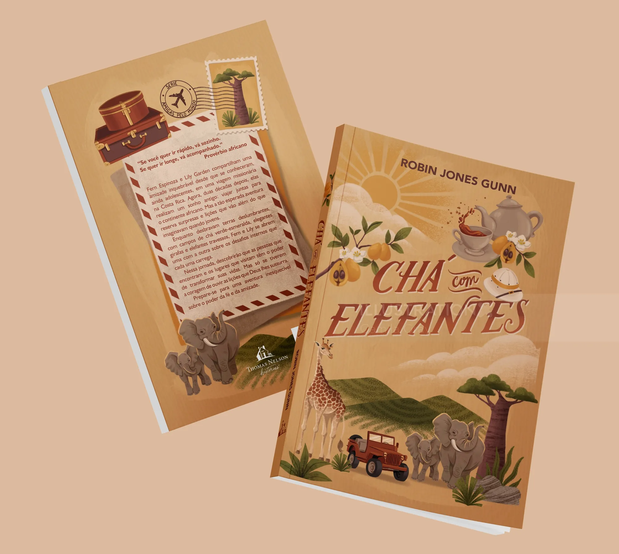 Book cover and back of Cha com Elefantes with elephants and safari theme