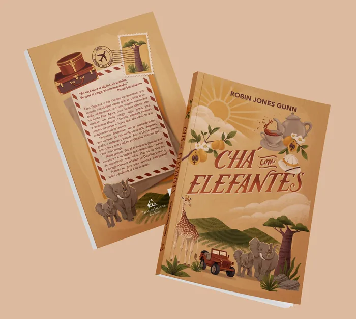 Book cover and back of Cha com Elefantes with elephants and safari theme
