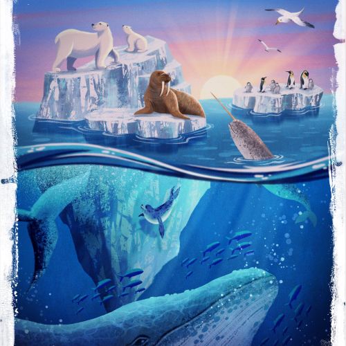 Arctic animals including polar bears, walrus, penguins, and whales near icebergs