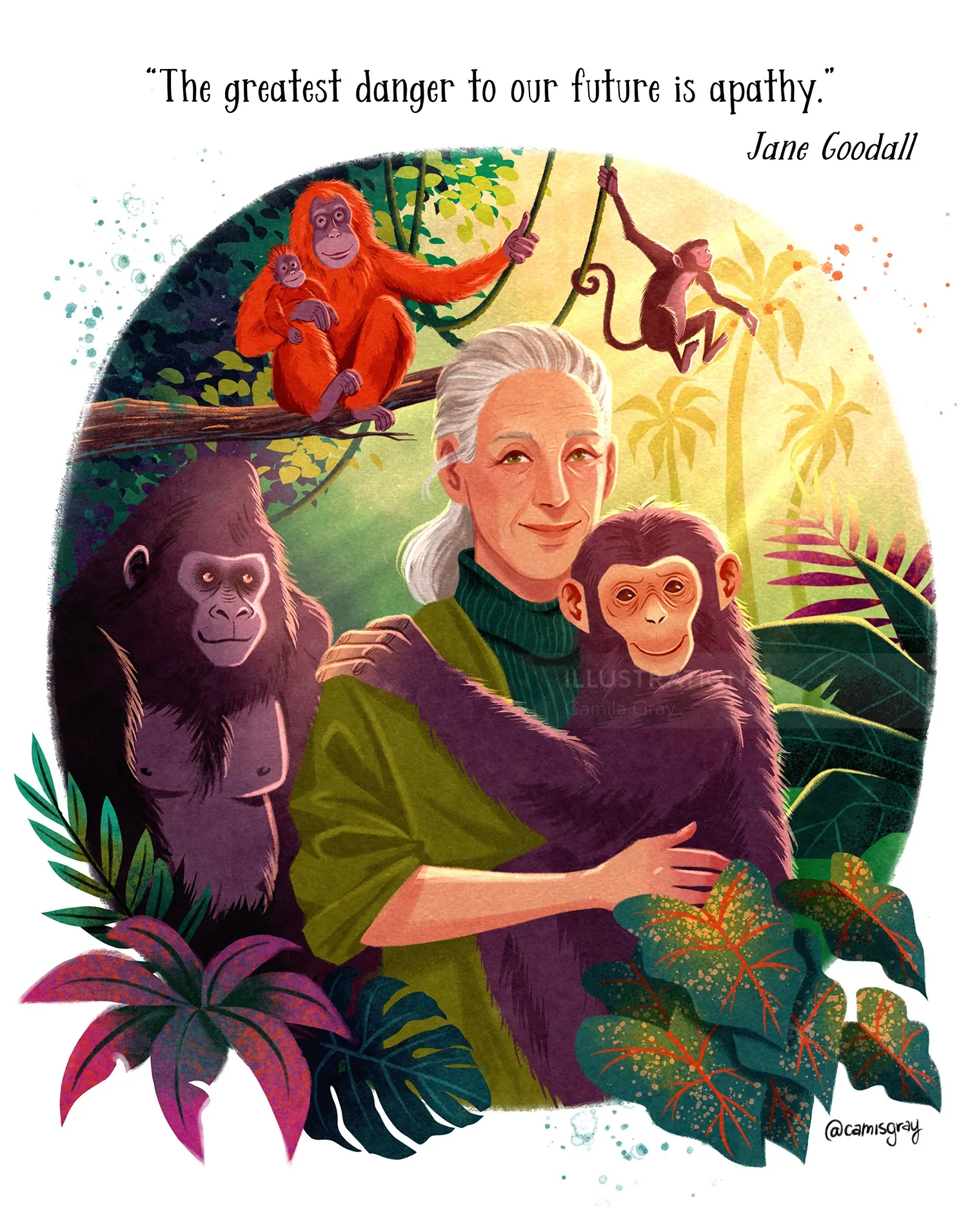 Portrait of Jane Goodall holding chimpanzee with jungle background by Camila Gray