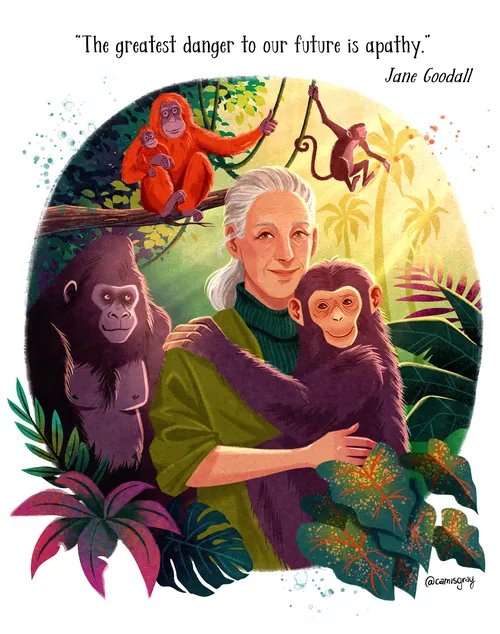 Portrait of Jane Goodall holding chimpanzee with jungle background by Camila Gray