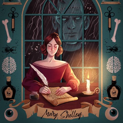 Mary Shelley writing by candlelight in a storm, Frankenstein's face in window art by Camila Gray