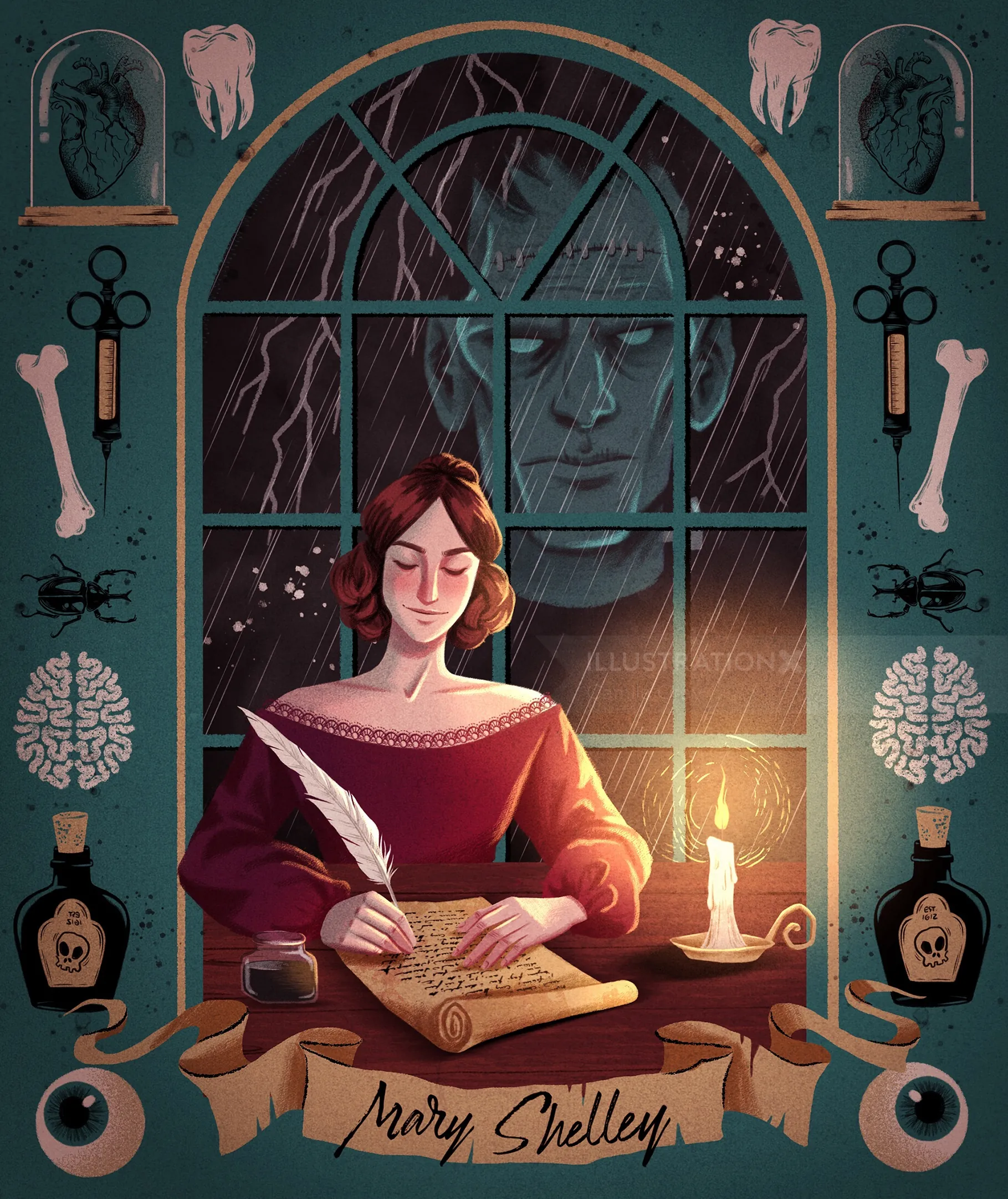 Mary Shelley writing by candlelight in a storm, Frankenstein's face in window art by Camila Gray